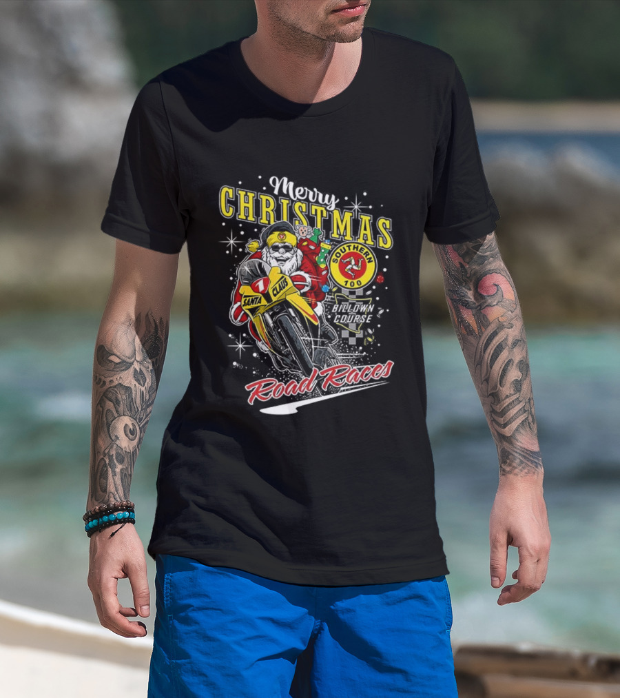 Merry Christmas Santa Claus Motorcycle Road Races Holiday T-Shirt