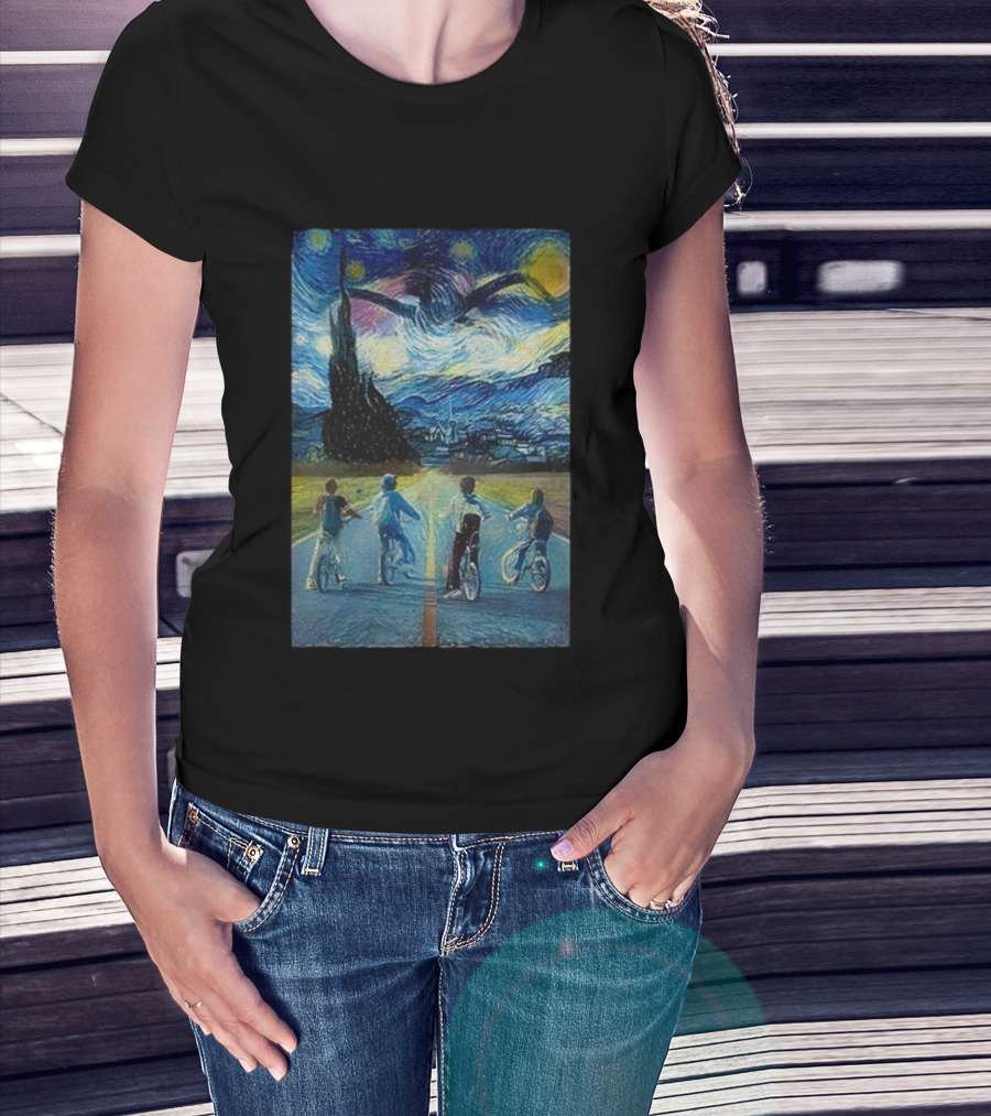 Starry Night Stranger Things Kids On Bikes Van Gogh Style T-Shirt