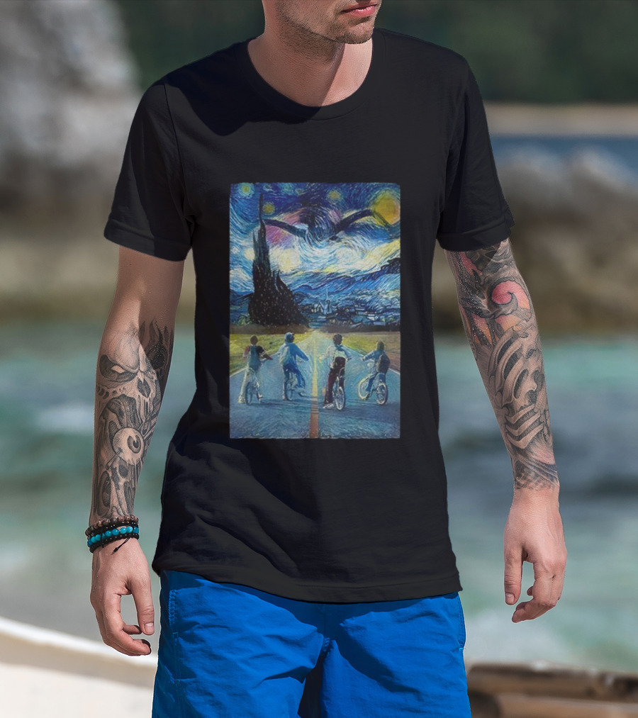 Starry Night Stranger Things Kids On Bikes Van Gogh Style T-Shirt