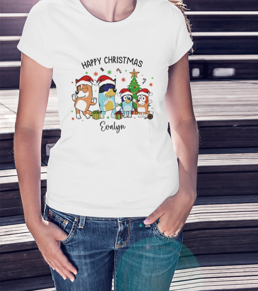 Happy Christmas Blue Dog Personalized Evelyn T-Shirt