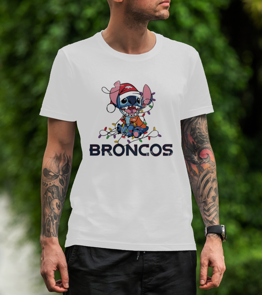 Denver Broncos Stitch Christmas Lights T-Shirt