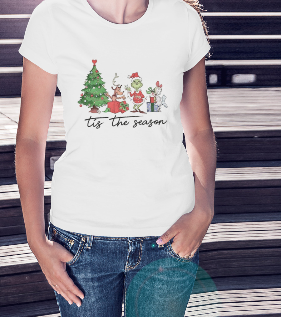 Max Grinch Cindy Lou Who Reindeer Santa Hat Tis The Season Merry Christmas Tree T-Shirt