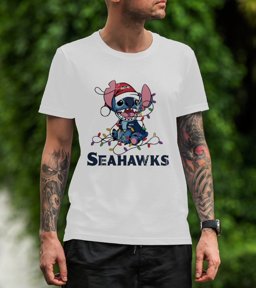 Seattle Seahawks Stitch Christmas Lights T-Shirt