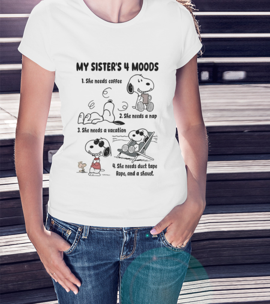 Snoopy My Sister's 4 Moods Coffee Nap Vacation Rope Clown T-Shirt
