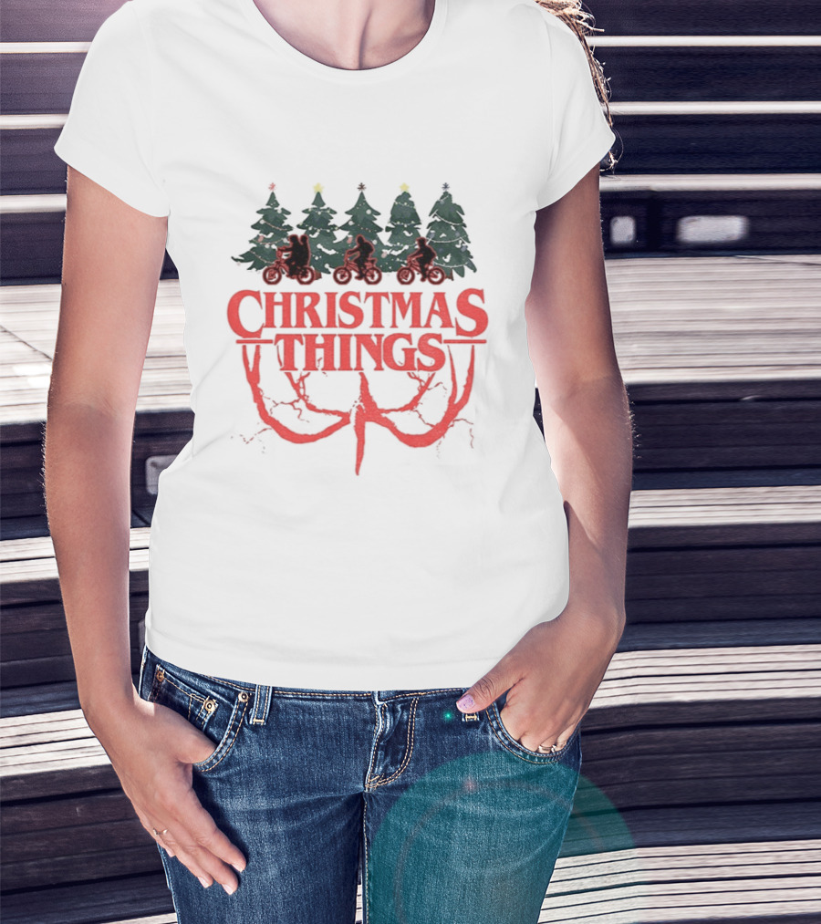 Stranger Things Christmas Christmas Things Merry Christmas Trees And Bicycles T-Shirt