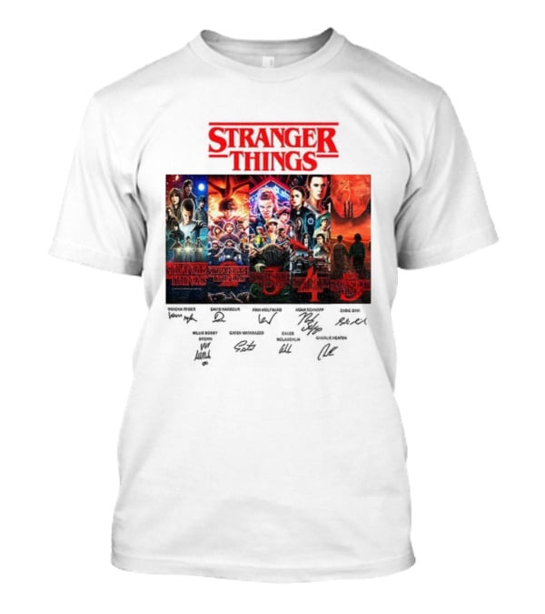 Stranger Things Seasons 1-5 Collage With Cast Signatures And Retro Logo T-Shirt