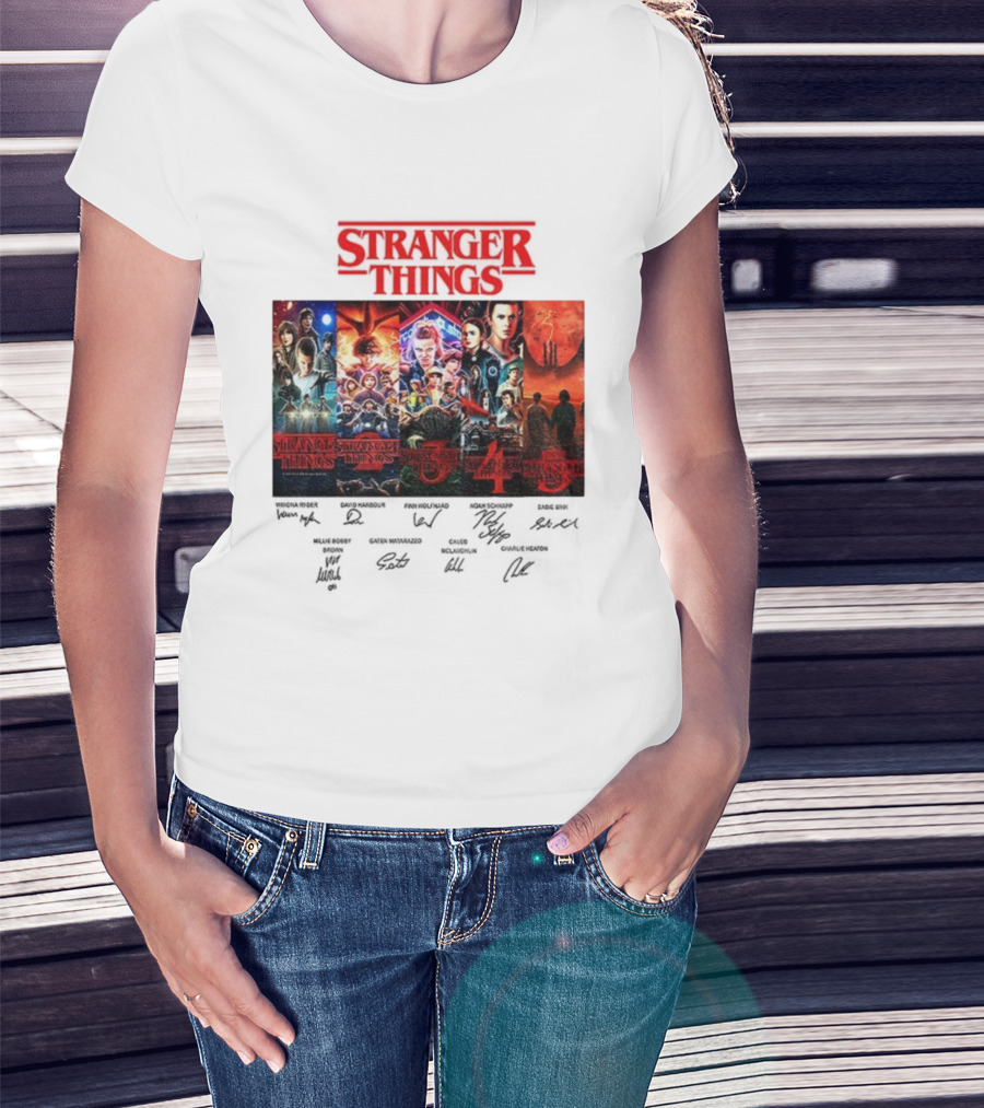 Stranger Things Seasons 1-5 Collage With Cast Signatures And Retro Logo T-Shirt
