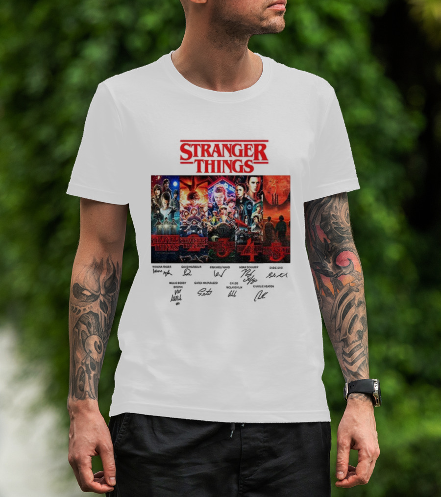 Stranger Things Seasons 1-5 Collage With Cast Signatures And Retro Logo T-Shirt