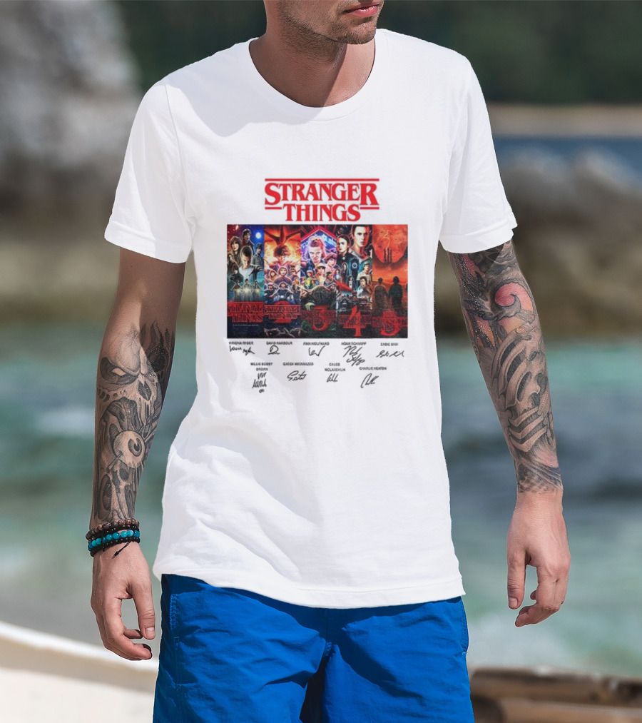 Stranger Things Seasons 1-5 Collage With Cast Signatures And Retro Logo T-Shirt