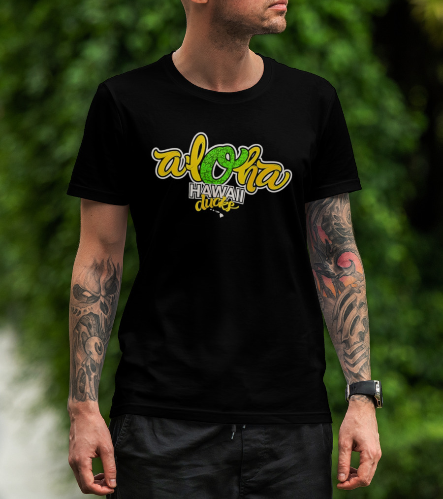 Aloha Hawaii Ducks Text On Green And Yellow T-Shirt