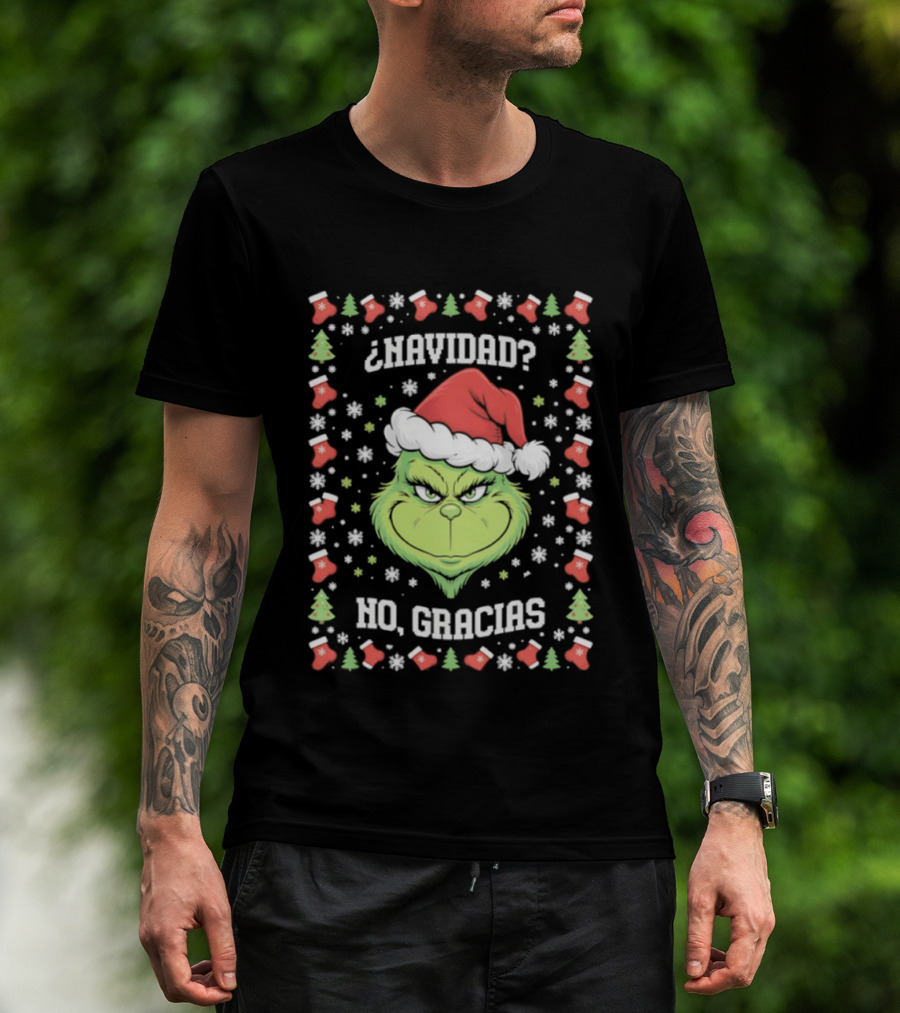 Grinch Navidad No Gracias Christmas Santa Hat T-Shirt