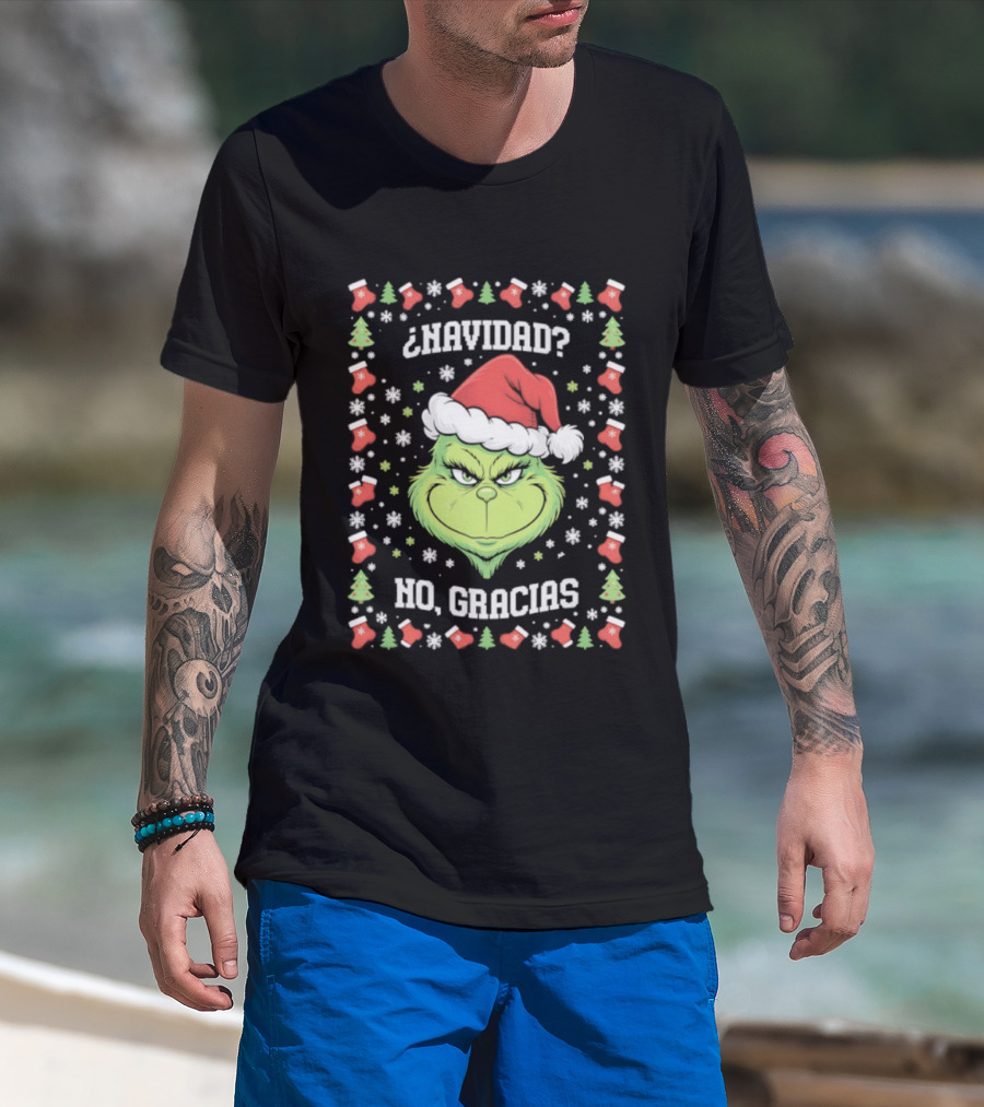 Grinch Navidad No Gracias Christmas Santa Hat T-Shirt