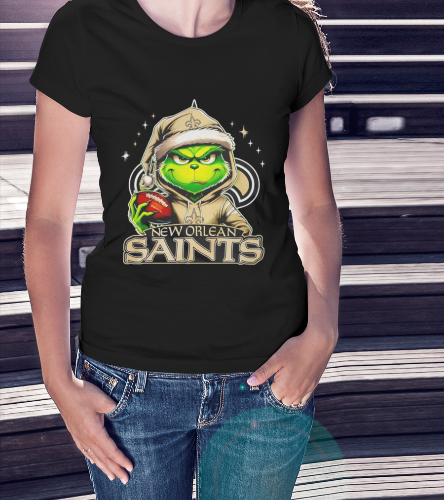 Grinch In Santa Hat With New Orleans Saints Football Christmas T-Shirt