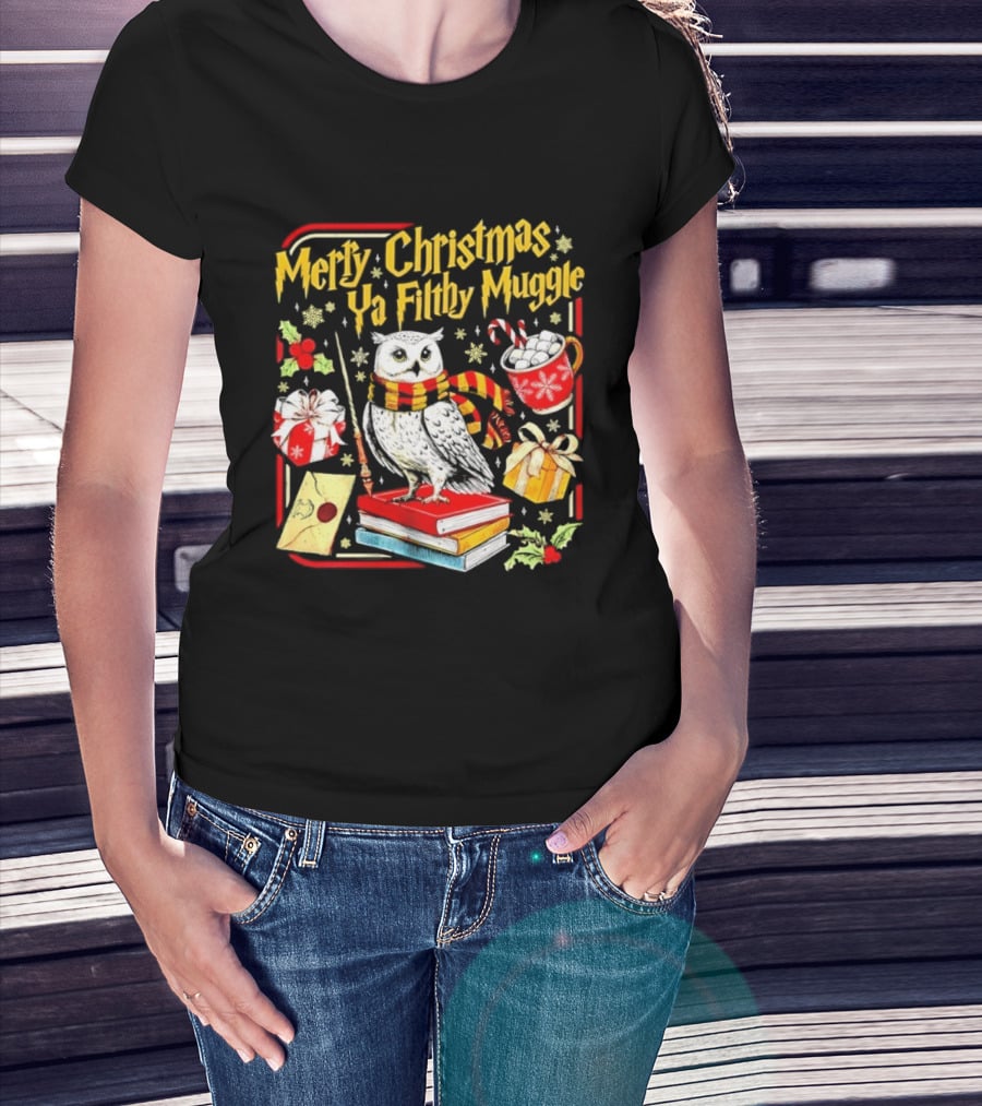 Merry Christmas Ya Filthy Gle Hedwig Owl Scarf Books Wand Letter Candy Cane Cup Gift T-Shirt