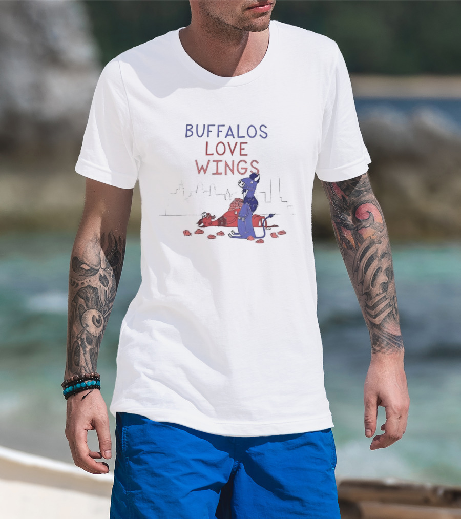 Buffalos Love Wings Cartoon Character Eating Chicken Wing Pile T-Shirt