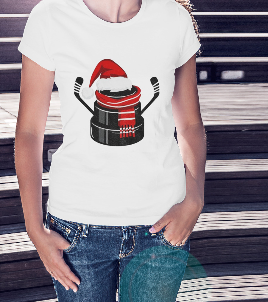 Hockey Puck Santa Hat Merry Christmas Festive Holiday T-Shirt