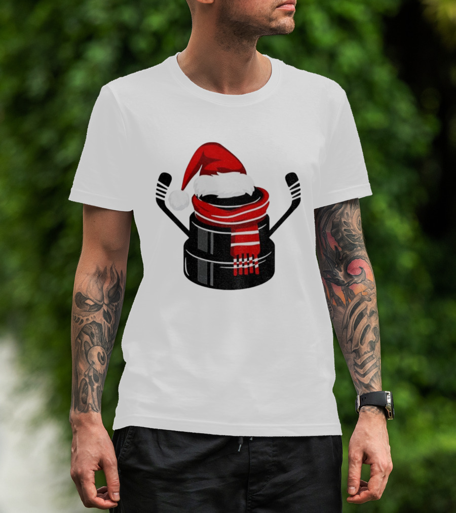 Hockey Puck Santa Hat Merry Christmas Festive Holiday T-Shirt