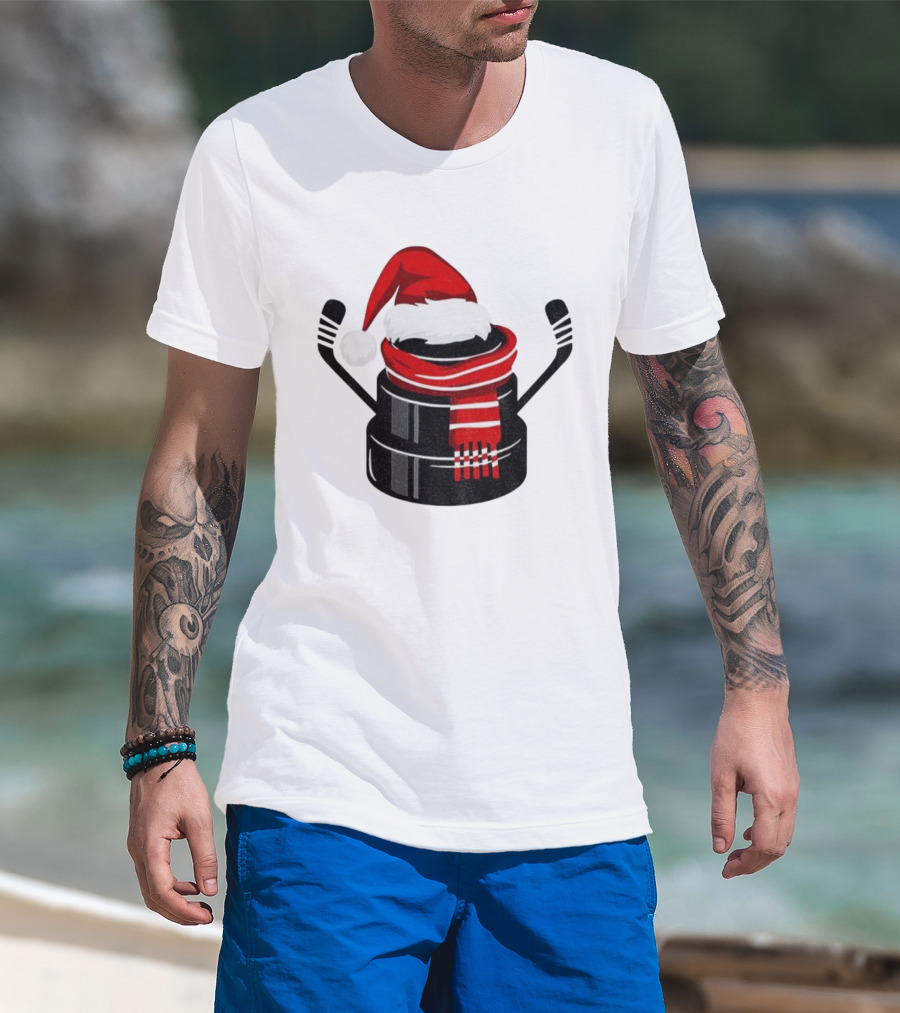 Hockey Puck Santa Hat Merry Christmas Festive Holiday T-Shirt