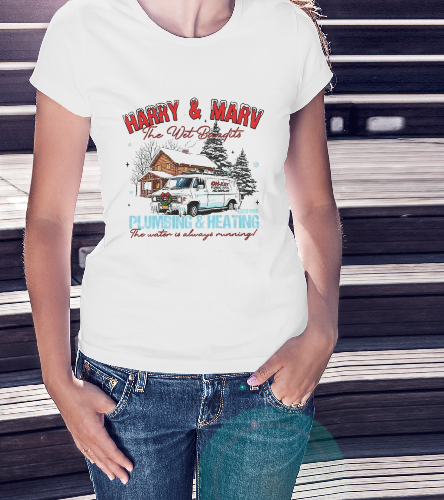 Harry And Marv The Wet Bandits Plumbing And Heating Christmas Winter Cabin Black Van T-Shirt