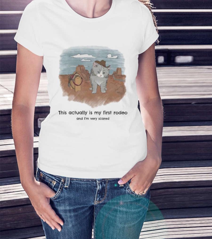 Kitten This Actually Is My First Rodeo And I'm Very Scared Cowboy Cat Retro Desert Scene T-Shirt