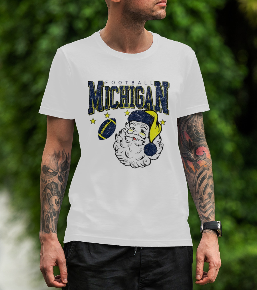 Michigan Wolverines Football Christmas Santa With Stars And Football Design T-Shirt