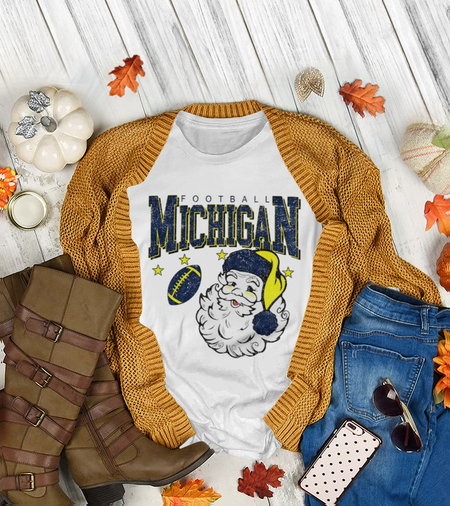Michigan Wolverines Football Christmas Santa With Stars And Football Design T-Shirt