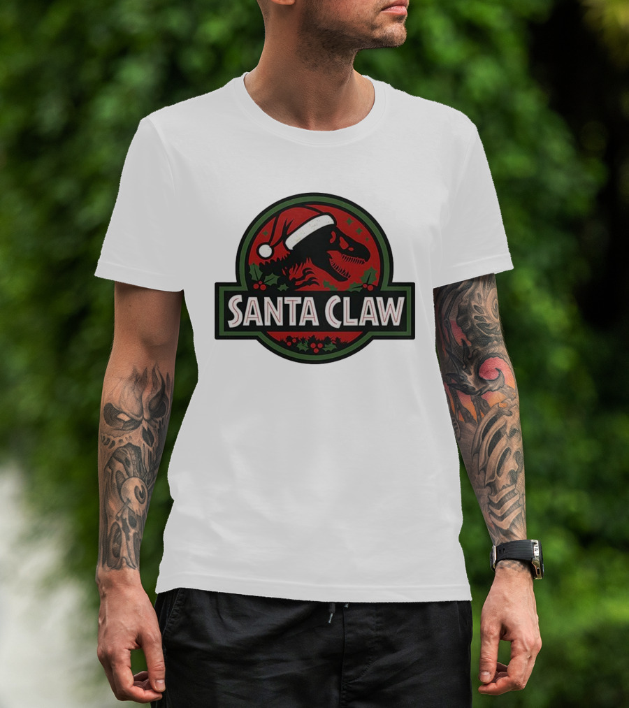 Santa Claw Christmas Dinosaur Jurassic Park Santa Hat Holiday T-Shirt