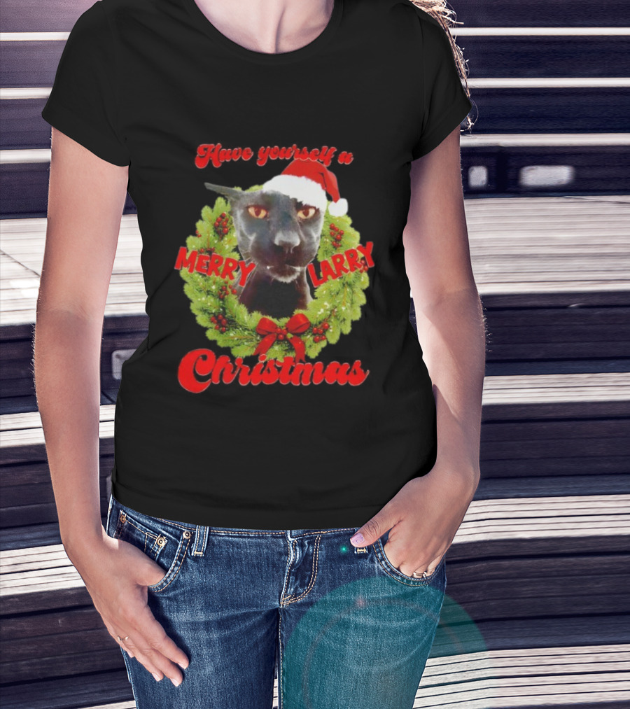 Merry Larry Christmas Black Cat Wreath Santa Hat T-Shirt