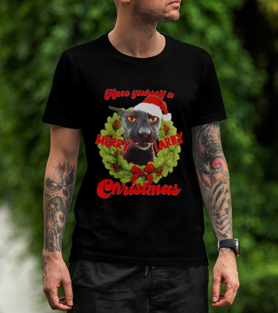 Merry Larry Christmas Black Cat Wreath Santa Hat T-Shirt
