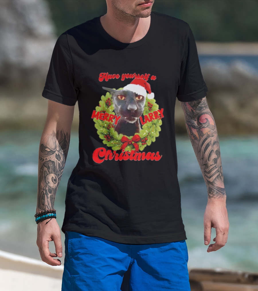 Merry Larry Christmas Black Cat Wreath Santa Hat T-Shirt