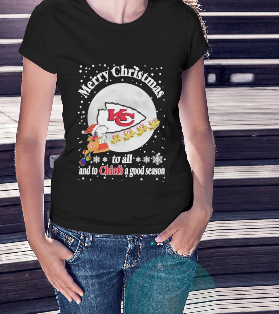 Merry Christmas Kansas City Chiefs To All And To Chiefs A Good Season Snoopy Santa Reindeer Sleigh T-Shirt