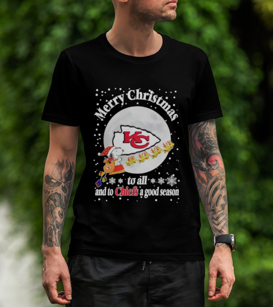Merry Christmas Kansas City Chiefs To All And To Chiefs A Good Season Snoopy Santa Reindeer Sleigh T-Shirt