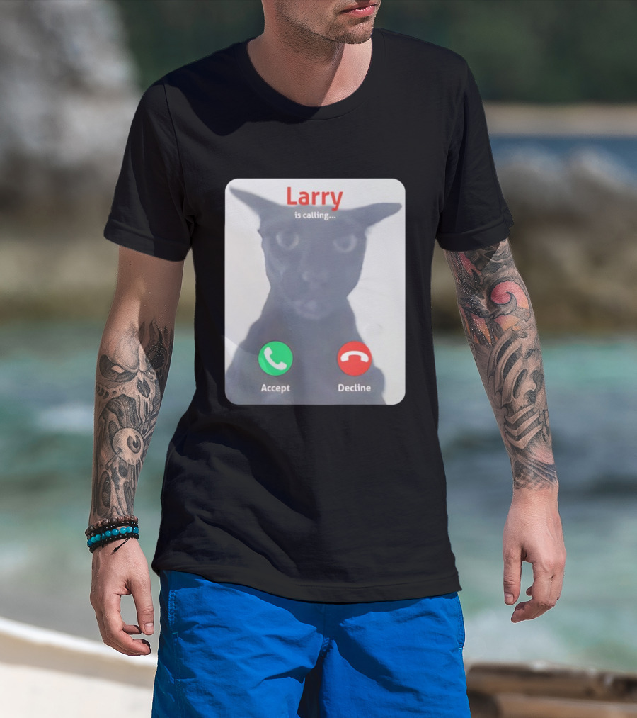 Larry Is Calling Accept Decline Black Cat Face Meme T-Shirt