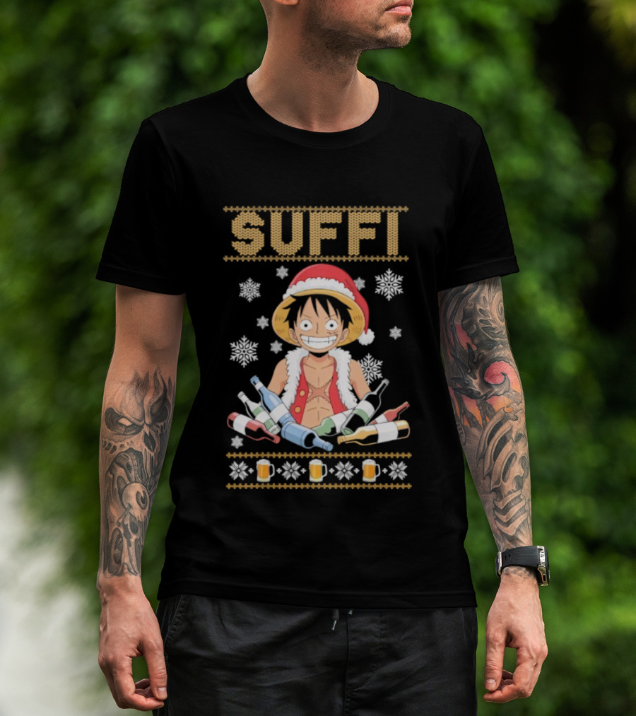 Monkey D. Luffy One Piece Suffi Christmas Santa Hat Beer Bottles Snowflakes T-Shirt