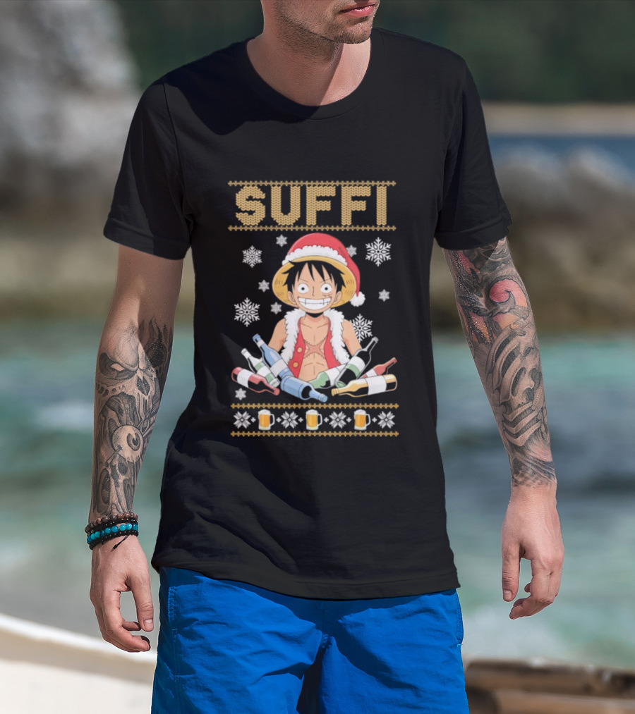 Monkey D. Luffy One Piece Suffi Christmas Santa Hat Beer Bottles Snowflakes T-Shirt
