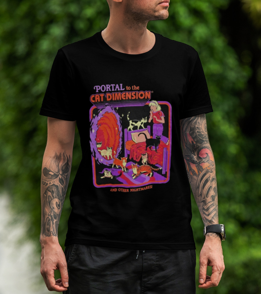 Portal To The Cat Dimension Vintage Nightmare Scene With Cats And Bed T-Shirt