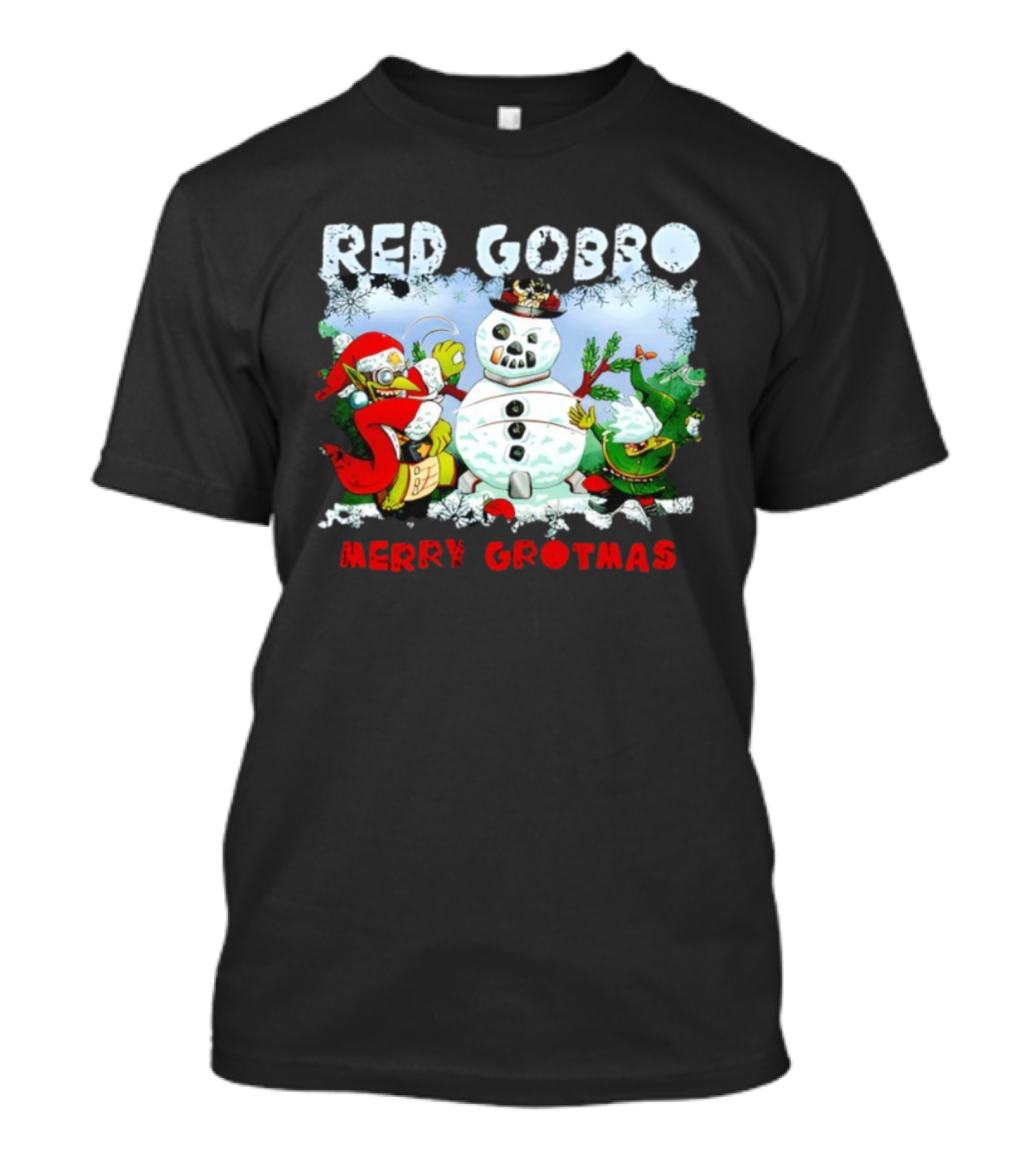 Red Gobbo Merry Grotmas Snowman Scene With Goblins Holiday Cheer T-Shirt