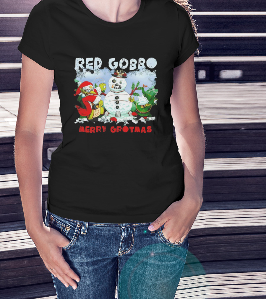 Red Gobbo Merry Grotmas Snowman Scene With Goblins Holiday Cheer T-Shirt