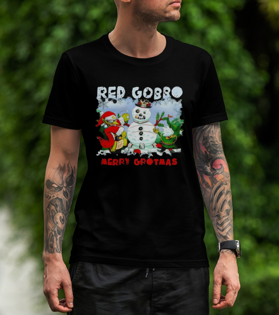 Red Gobbo Merry Grotmas Snowman Scene With Goblins Holiday Cheer T-Shirt