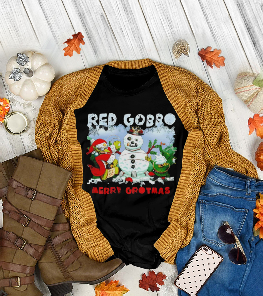 Red Gobbo Merry Grotmas Snowman Scene with Goblins Holiday Cheer T-Shirt