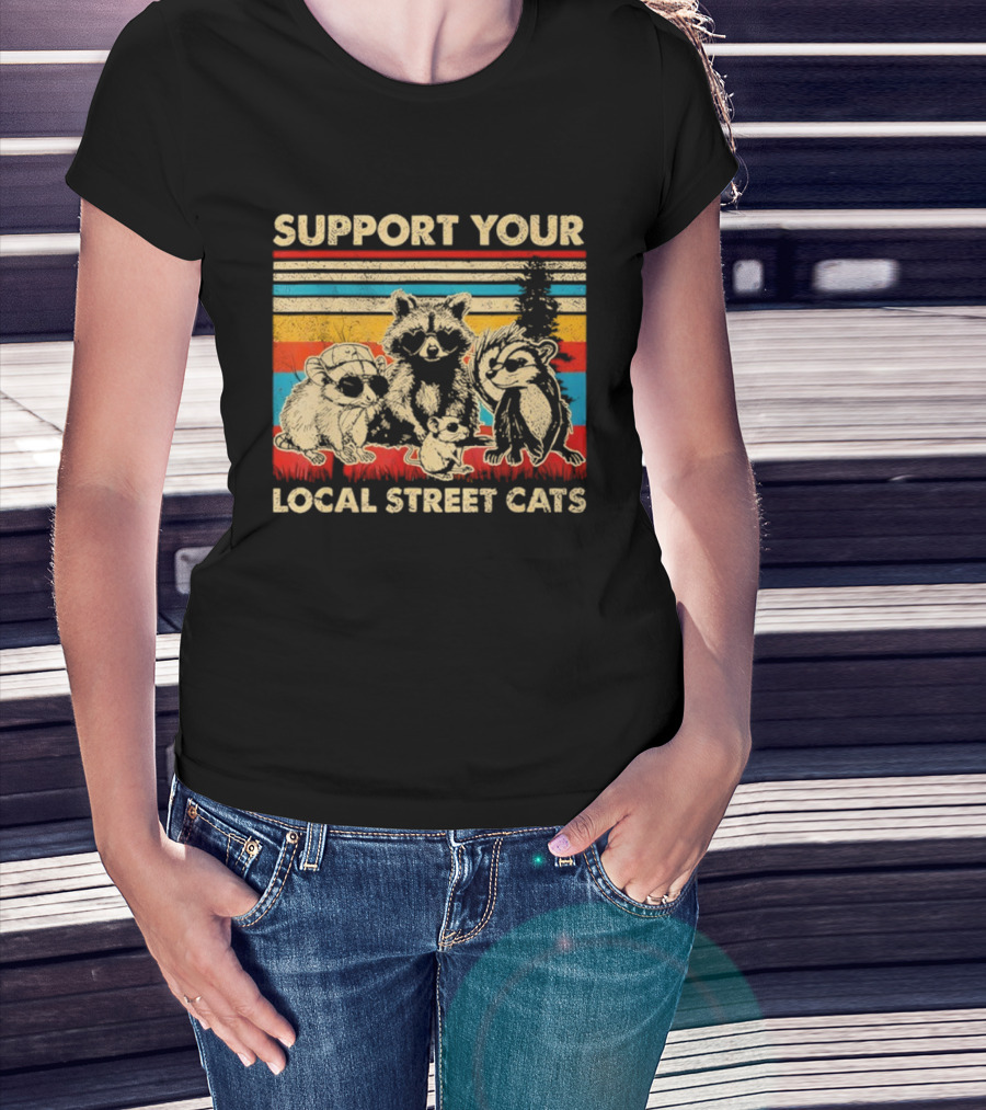 Support Your Local Street Cats Opossum Raccoon Vintage Stripes T-Shirt