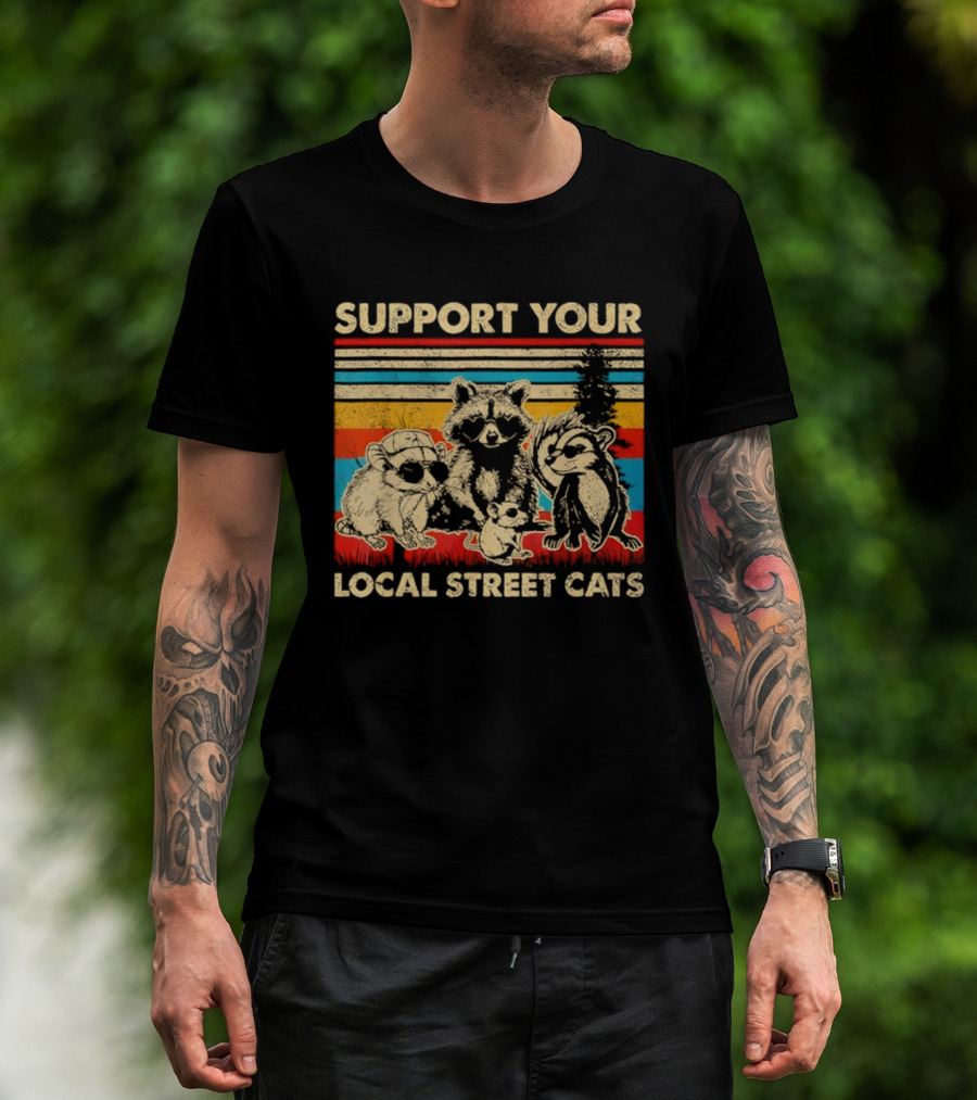 Support Your Local Street Cats Opossum Raccoon Vintage Stripes T-Shirt