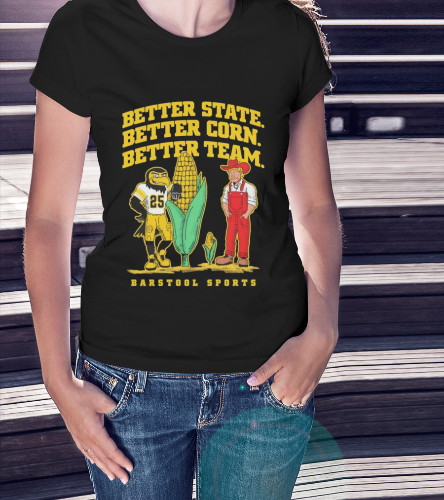 Better State Better Corn Better Team Iowa Hawkeyes Herky And Farmer T-Shirt
