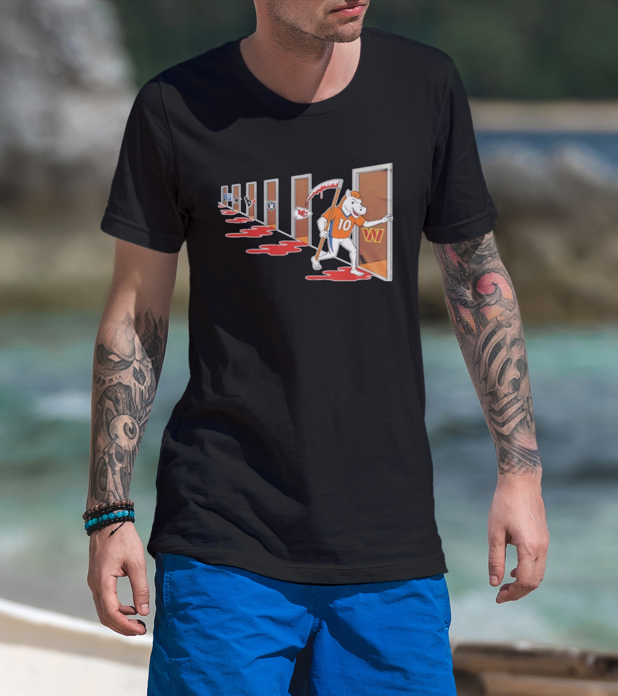 Denver Broncos Mascot With Scythe Visits NFL Rivals Giants Texans Raiders Chiefs Commanders With Bloody Doors T-Shirt