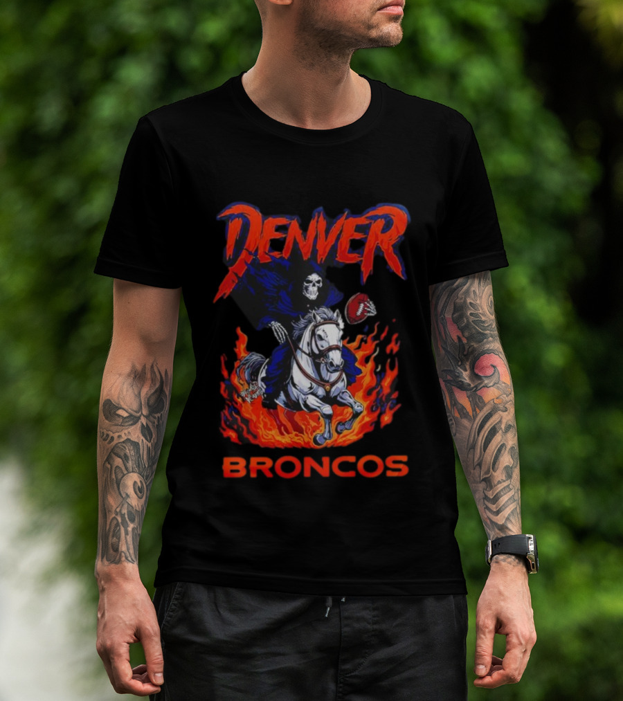 Denver Broncos Grim Reaper Skeleton Horse Football Flame Rider T-Shirt