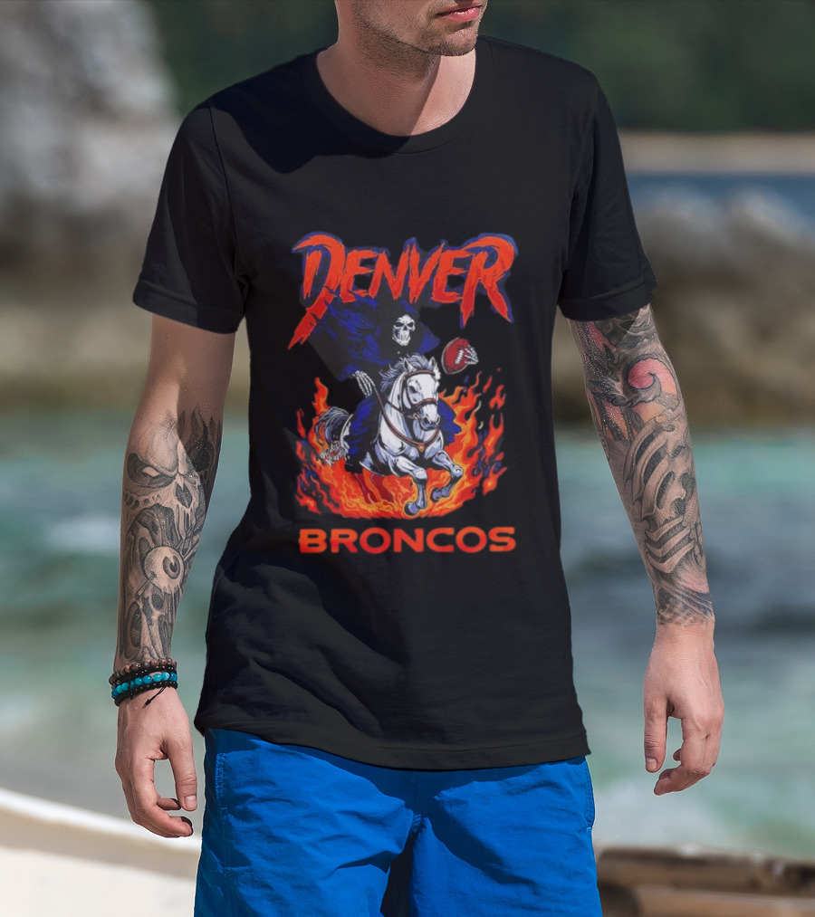 Denver Broncos Grim Reaper Skeleton Horse Football Flame Rider T-Shirt