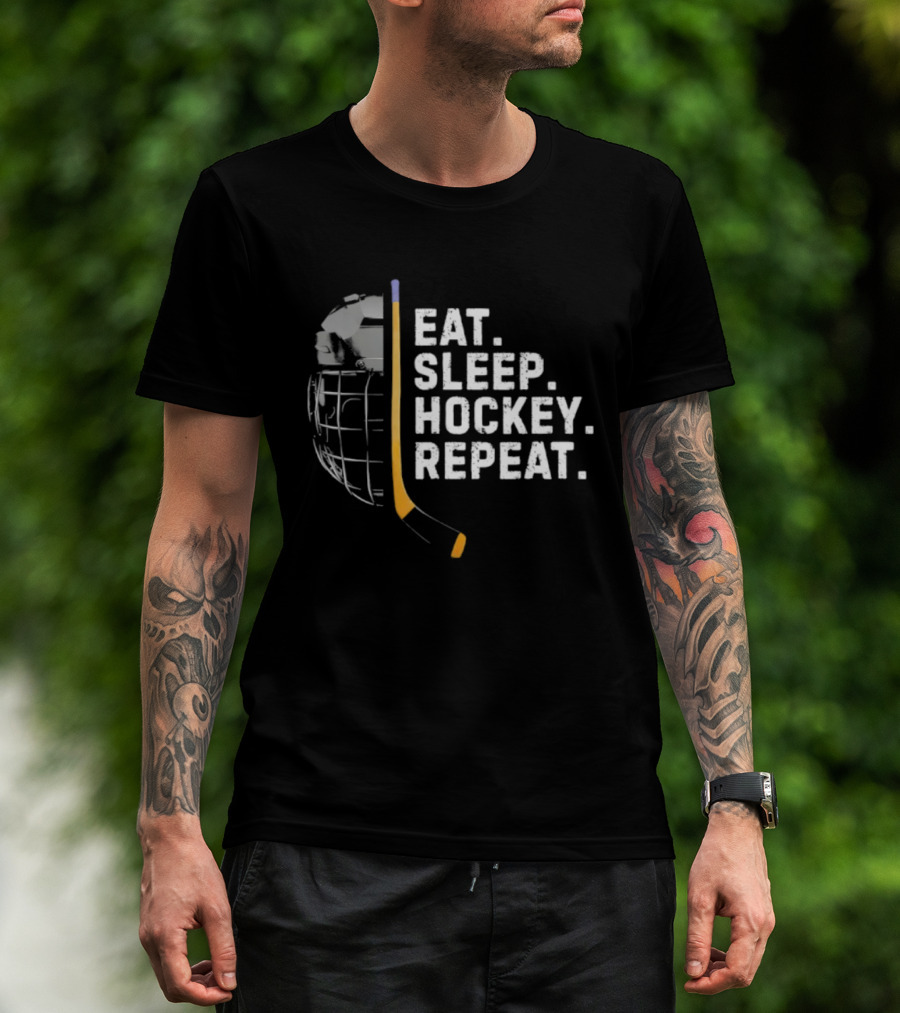 Eat Sleep Hockey Repeat Funny Cool Hockey Player Stick And Goalie Mask T-Shirt