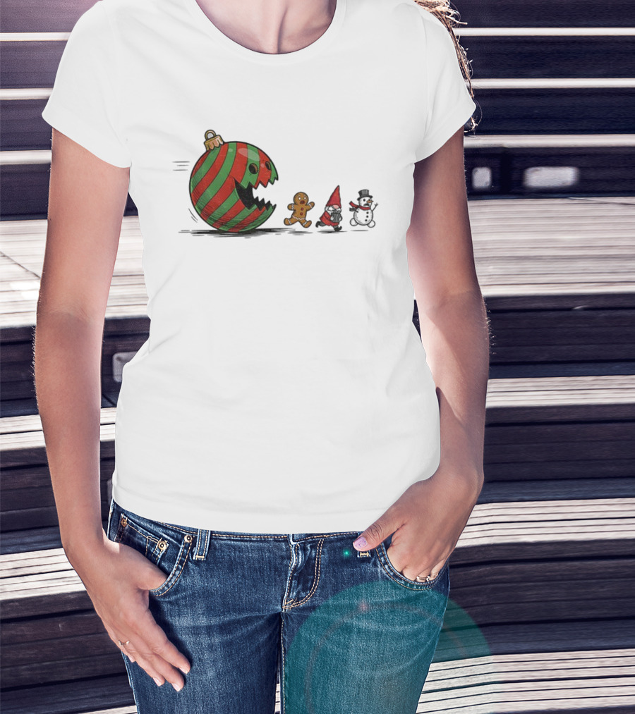 Pac-Man Christmas Gingerbread Gnome Snowman Santa Holiday Fun T-Shirt