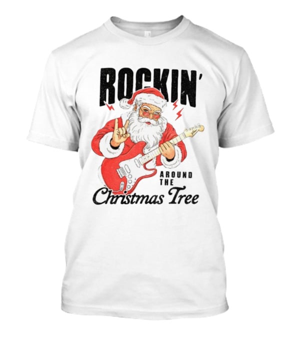 Rockin' Santa Claus Playing Guitar Around The Christmas Tree Merry Christmas T-Shirt