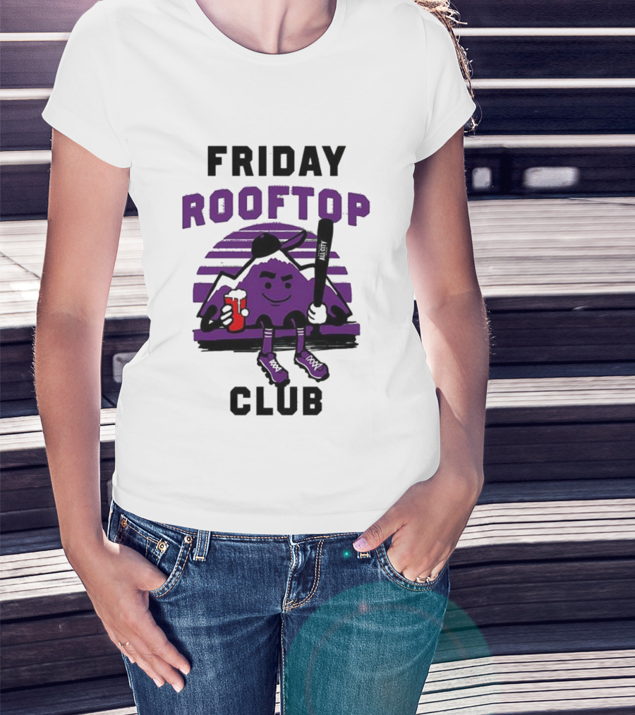 Friday Rooftop Club Colorado Rockies Playful Cartoon Baseball Bat Drink T-Shirt